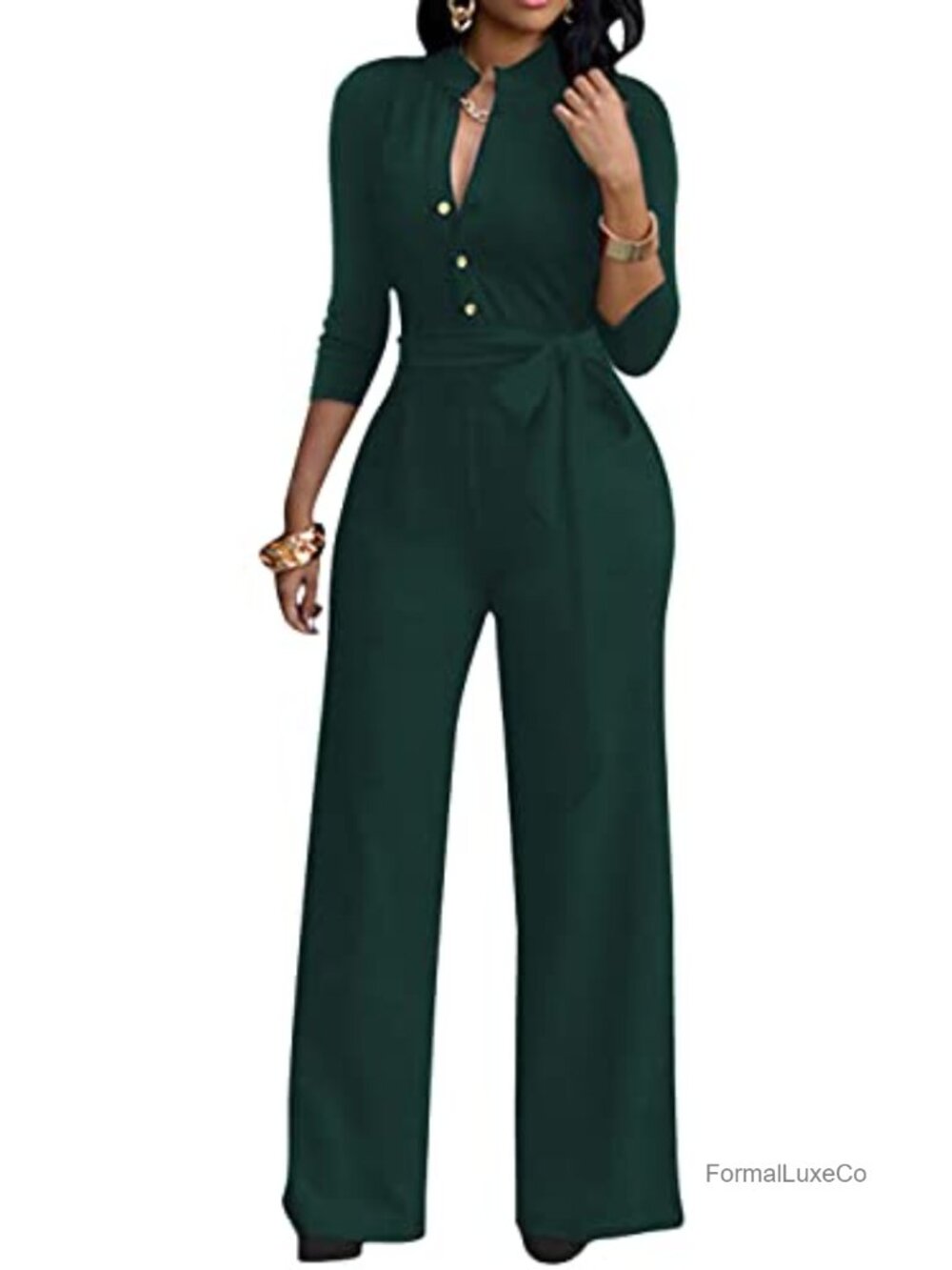 Women's 3/4 Sleeve V-Neck Wide Leg Jumpsuit High Waisted Belted